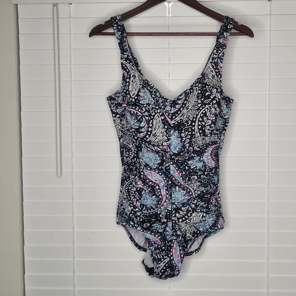 Maxine Of Hollywood Black Pink Blue White Paisley Print Swimsuit One-piece Sz 14 - Picture 1 of 6